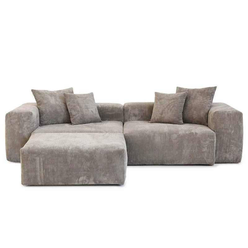 Modular Sectional Sofa Corduroy Deep Seat L-Shape U-Shape Convertible with Ottoman Wood Legs 4 Pillows - High Resilience