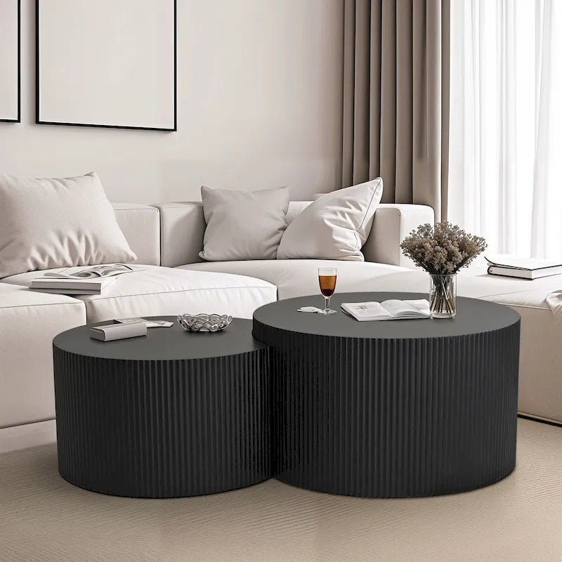 Nesting Coffee Table Set of 2 - Modern Black with Vertical Stripe Design - Space-Saving Stacking Tables - MDF Construction