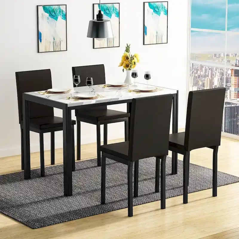 5-Piece Dining Table Set - Faux Marble Top with 4 PU Leather Chairs - Modern Kitchen Dining Room Furniture - Seats 4