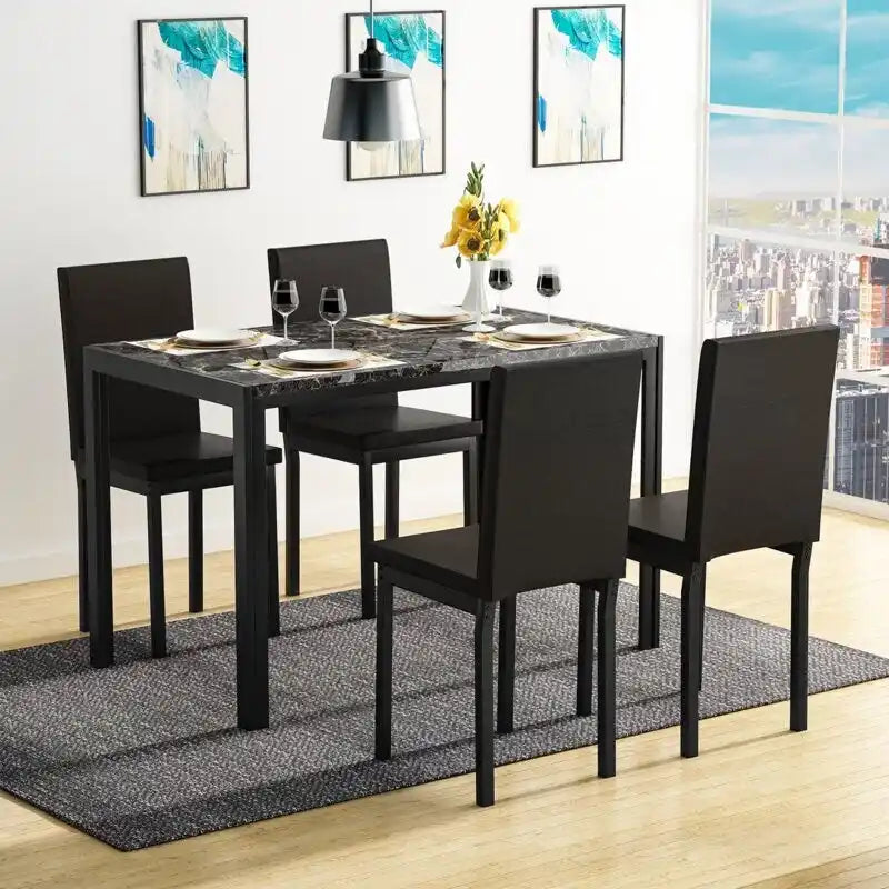 5-Piece Dining Table Set - Faux Marble Top with 4 PU Leather Chairs - Modern Kitchen Dining Room Furniture - Seats 4