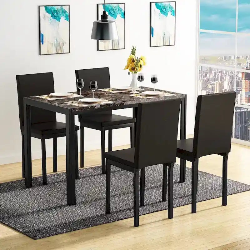 5-Piece Dining Table Set - Faux Marble Top with 4 PU Leather Chairs - Modern Kitchen Dining Room Furniture - Seats 4