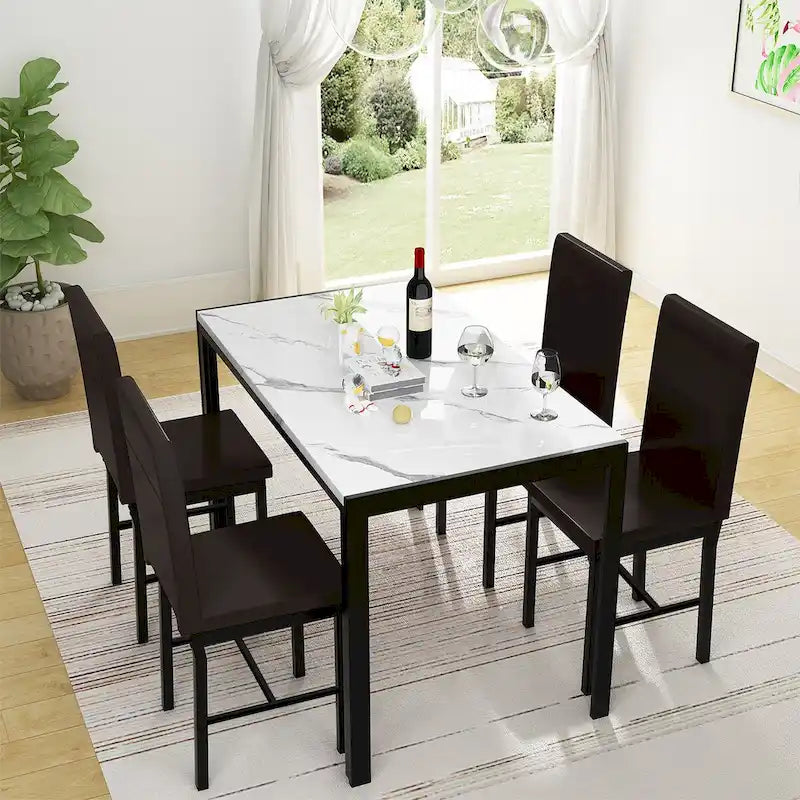 5-Piece Dining Table Set - Faux Marble Top with 4 PU Leather Chairs - Modern Kitchen Dining Room Furniture - Seats 4