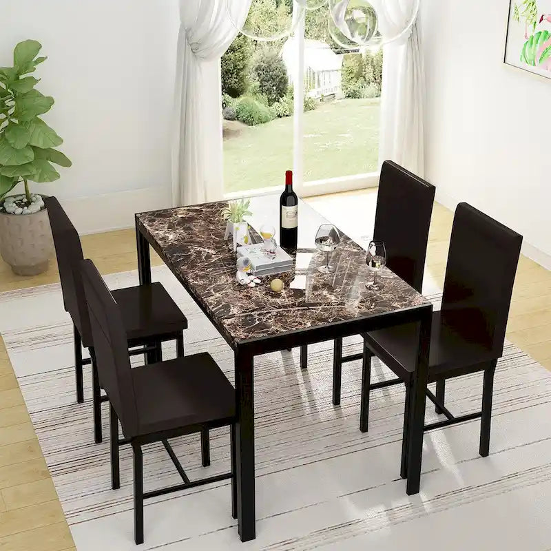 5-Piece Dining Table Set - Faux Marble Top with 4 PU Leather Chairs - Modern Kitchen Dining Room Furniture - Seats 4