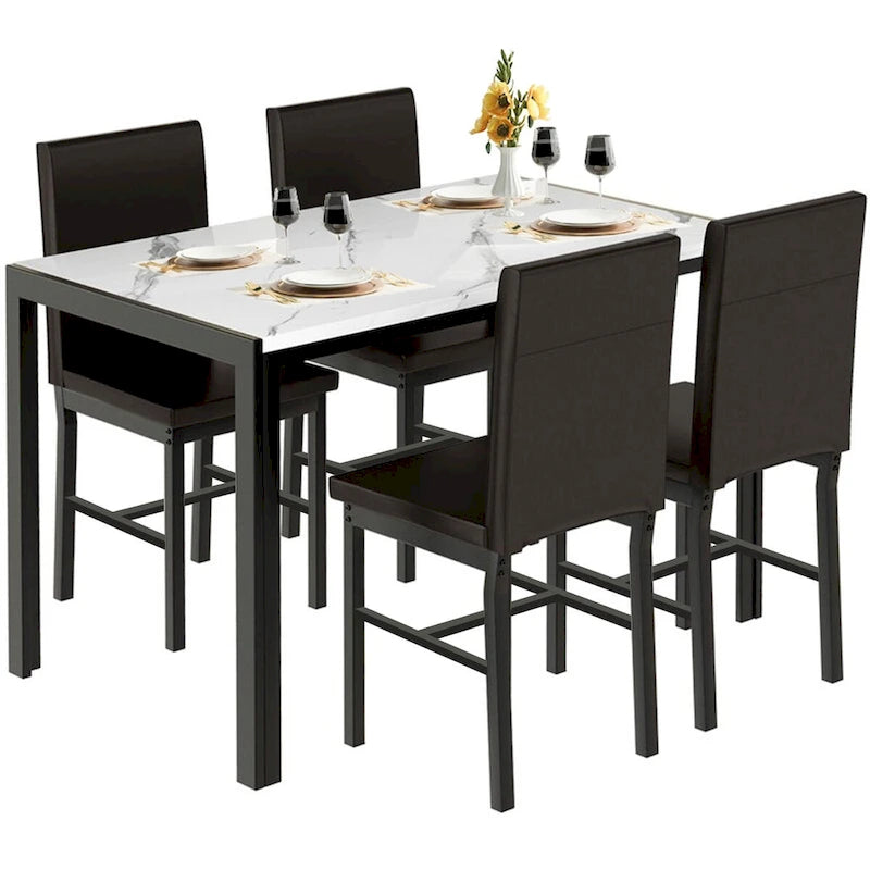 5-Piece Dining Table Set - Faux Marble Top with 4 PU Leather Chairs - Modern Kitchen Dining Room Furniture - Seats 4