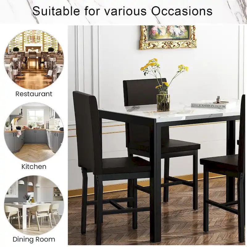 5-Piece Dining Table Set - Faux Marble Top with 4 PU Leather Chairs - Modern Kitchen Dining Room Furniture - Seats 4