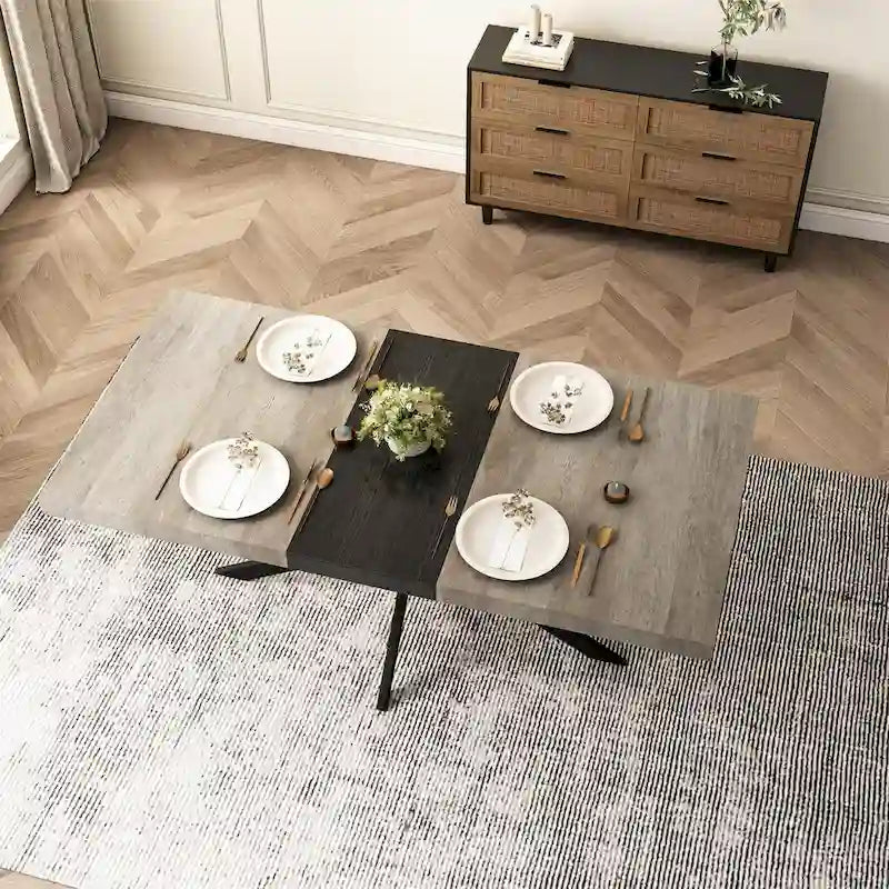 Extendable Dining Table with Storage Box Retro Rectangular MDF Top Iron Legs 165 lbs Capacity - Kitchen Furniture