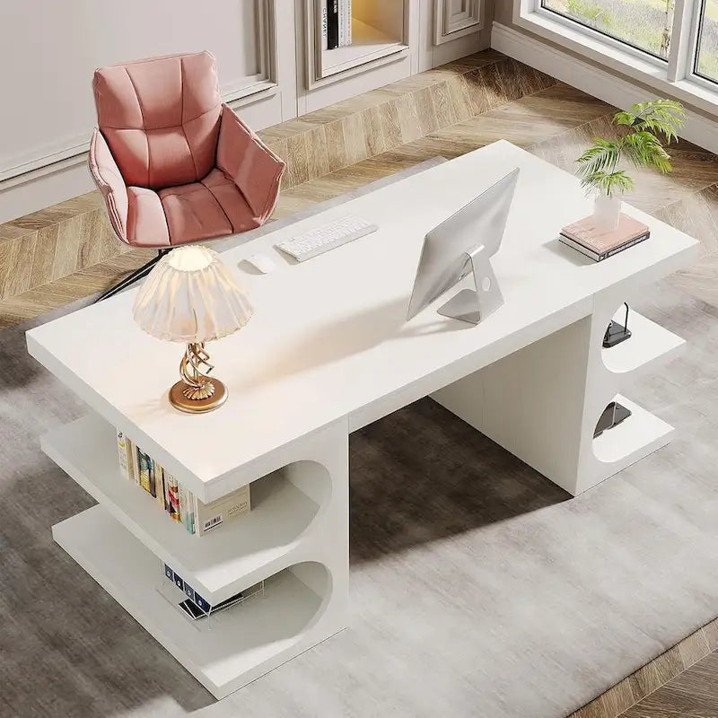 62" Executive Computer Desk - 3 Storage Shelves - E1 Wood - 200 lbs Capacity - Modern Home Office Desk - 62.2x30.71x29.53 inch
