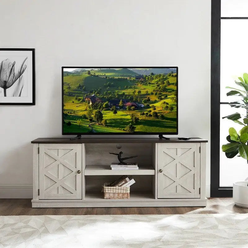 64" Farmhouse TV Stand for TVs up to 75" Rustic Wood Media Console with Swing Doors Adjustable Shelves Cable Management