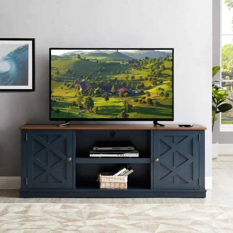 64" Farmhouse TV Stand for TVs up to 75" Rustic Wood Media Console with Swing Doors Adjustable Shelves Cable Management