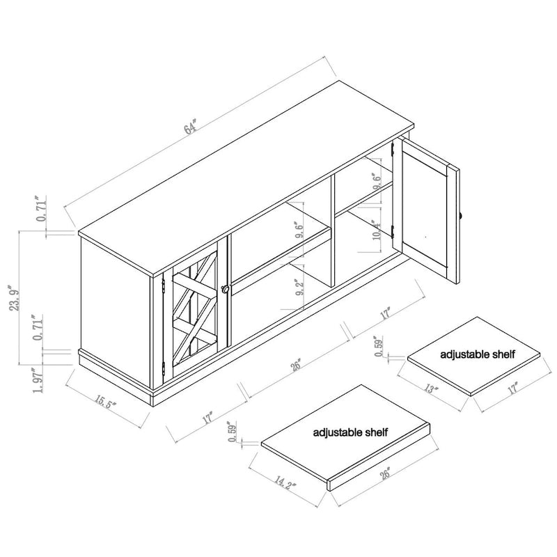 64" Farmhouse TV Stand for TVs up to 75" Rustic Wood Media Console with Swing Doors Adjustable Shelves Cable Management