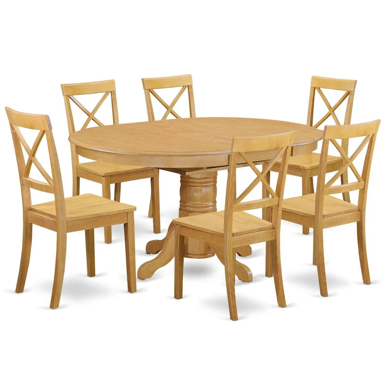 7-Piece Dining Set - Oval Table with Butterfly Leaf & 6 X-Back Chairs - Oak Rubberwood - Seats 6-8