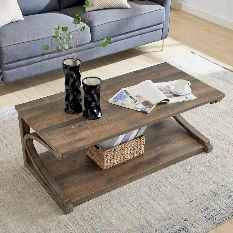 Geometric Coffee Table with Storage Shelf - Solid Rubberwood Legs - MDF Top - 23.8x23.8x24 inch - 250 lbs - Modern Square Table