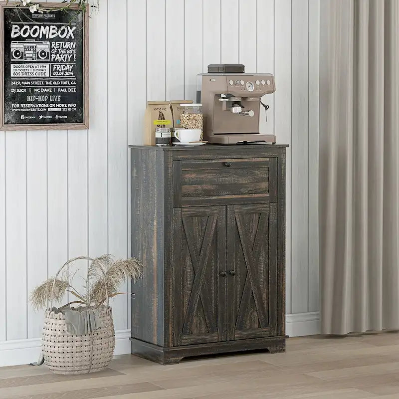 Farmhouse Barn Door Accent Cabinet with Drawer Adjustable Shelf 110 lbs Capacity Light Gray Wood Grain - Kitchen Sideboard