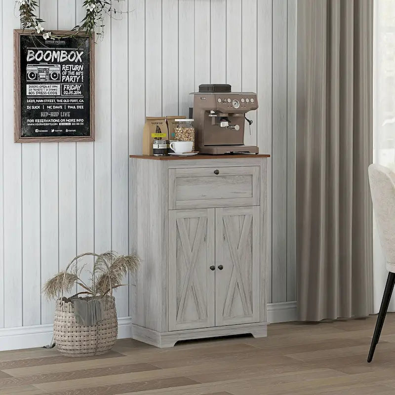 Farmhouse Barn Door Accent Cabinet with Drawer Adjustable Shelf 110 lbs Capacity Light Gray Wood Grain - Kitchen Sideboard