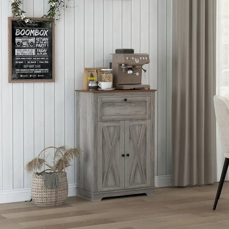 Farmhouse Barn Door Accent Cabinet with Drawer Adjustable Shelf 110 lbs Capacity Light Gray Wood Grain - Kitchen Sideboard