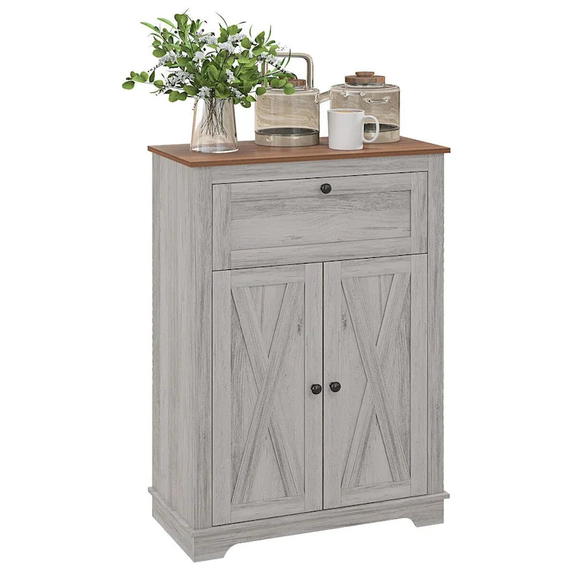 Farmhouse Barn Door Accent Cabinet with Drawer Adjustable Shelf 110 lbs Capacity Light Gray Wood Grain - Kitchen Sideboard