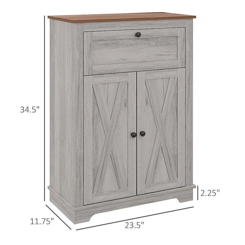 Farmhouse Barn Door Accent Cabinet with Drawer Adjustable Shelf 110 lbs Capacity Light Gray Wood Grain - Kitchen Sideboard