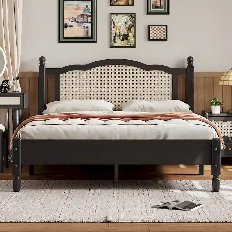 Platform Bed with Rattan Headboard Queen/Full - Wood Frame 10 Slats - 600 lbs Capacity - Vintage Style