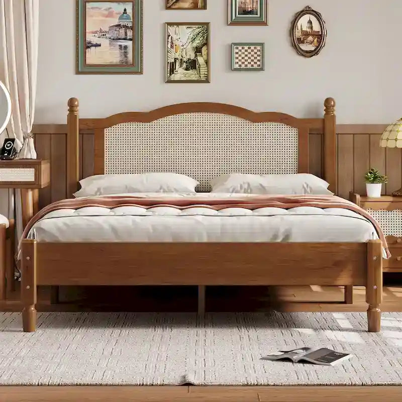 Platform Bed with Rattan Headboard Queen/Full - Wood Frame 10 Slats - 600 lbs Capacity - Vintage Style
