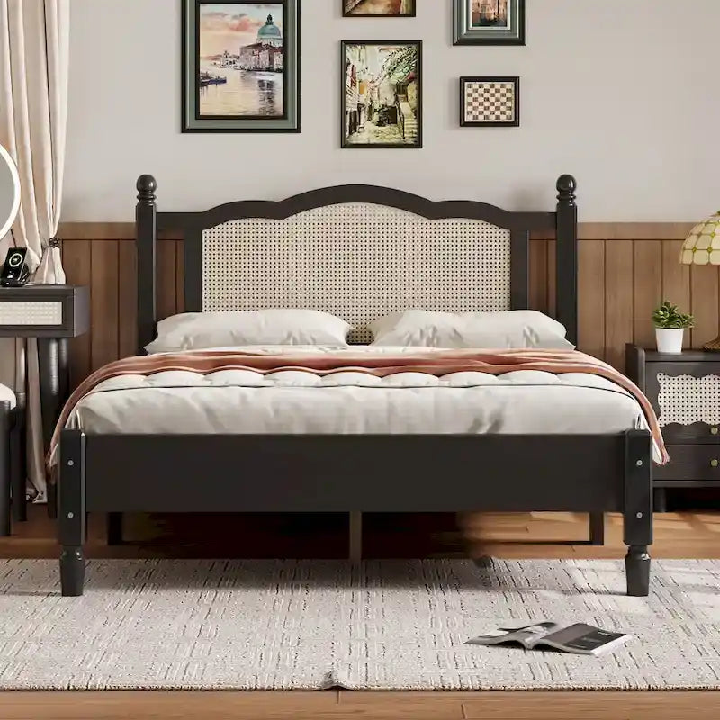 Queen/Full Size Wood Platform Bed with Natural Rattan Headboard, Vintage Bed Frame