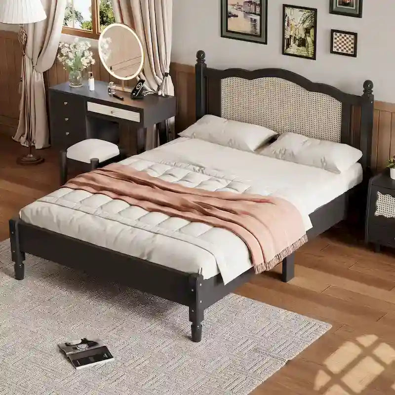 Platform Bed with Rattan Headboard Queen/Full - Wood Frame 10 Slats - 600 lbs Capacity - Vintage Style