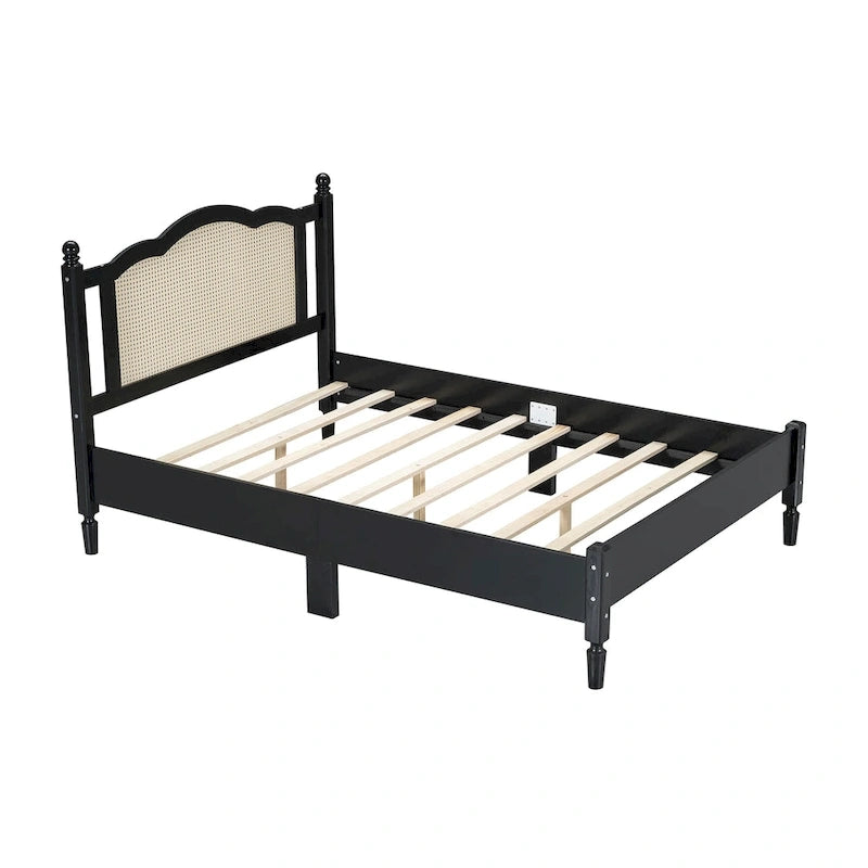Platform Bed with Rattan Headboard Queen/Full - Wood Frame 10 Slats - 600 lbs Capacity - Vintage Style