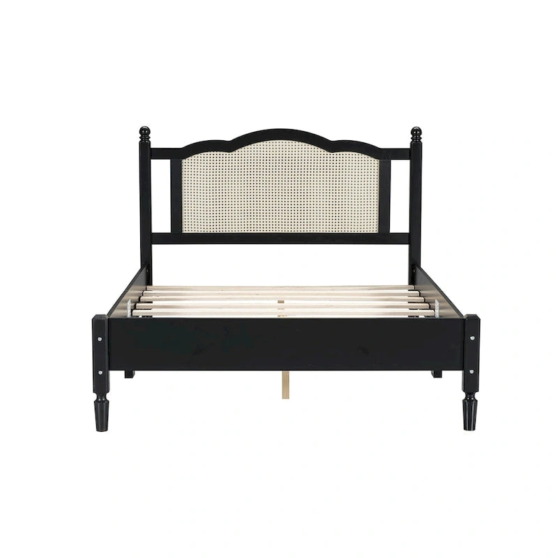 Platform Bed with Rattan Headboard Queen/Full - Wood Frame 10 Slats - 600 lbs Capacity - Vintage Style