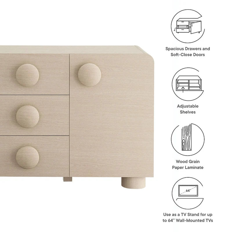 57" Retro Curved Sideboard Storage Cabinet - 3 Drawers - Soft-Close Doors - Adjustable Shelves - TV Stand for 64" TVs