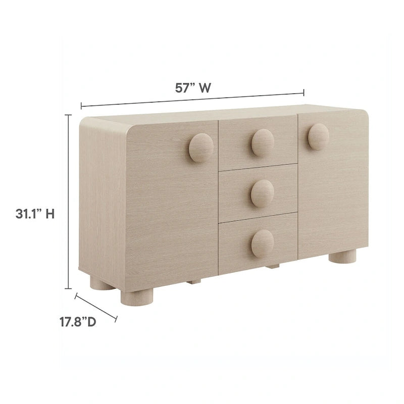 57" Retro Curved Sideboard Storage Cabinet - 3 Drawers - Soft-Close Doors - Adjustable Shelves - TV Stand for 64" TVs