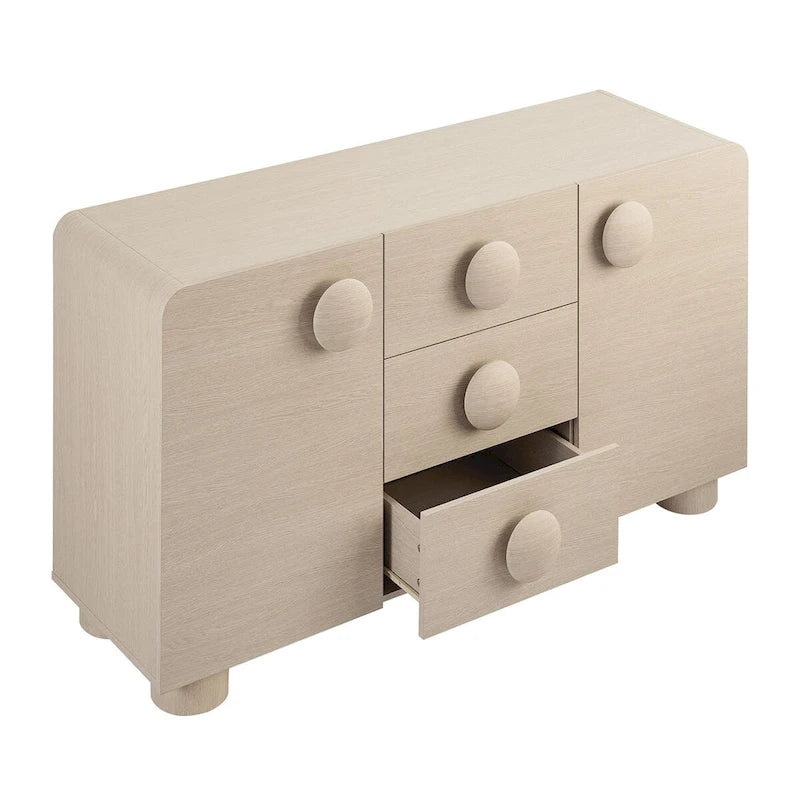 57" Retro Curved Sideboard Storage Cabinet - 3 Drawers - Soft-Close Doors - Adjustable Shelves - TV Stand for 64" TVs