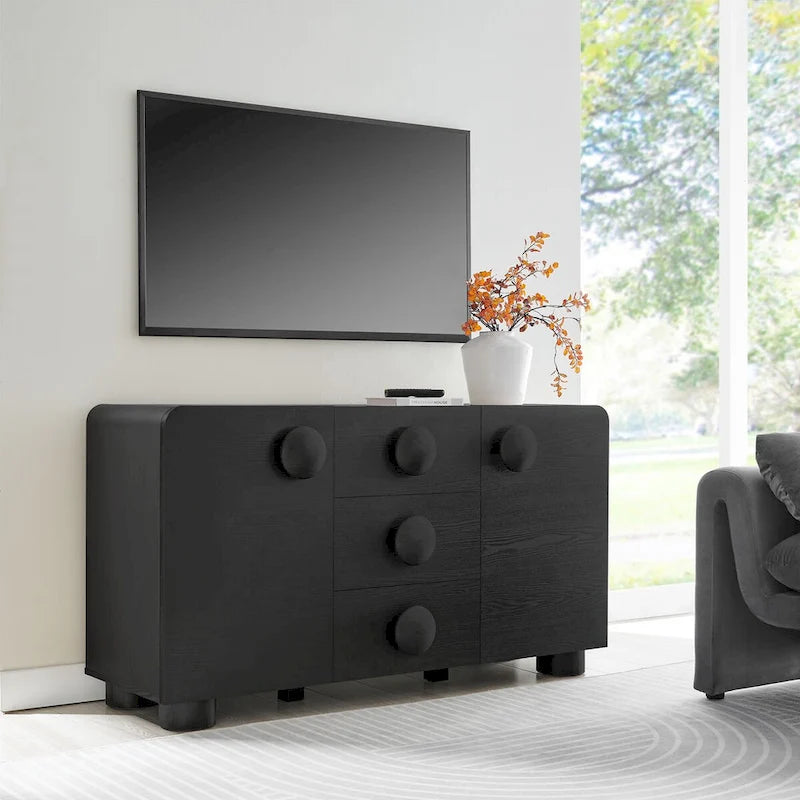 57" Retro Curved Sideboard Storage Cabinet - 3 Drawers - Soft-Close Doors - Adjustable Shelves - TV Stand for 64" TVs