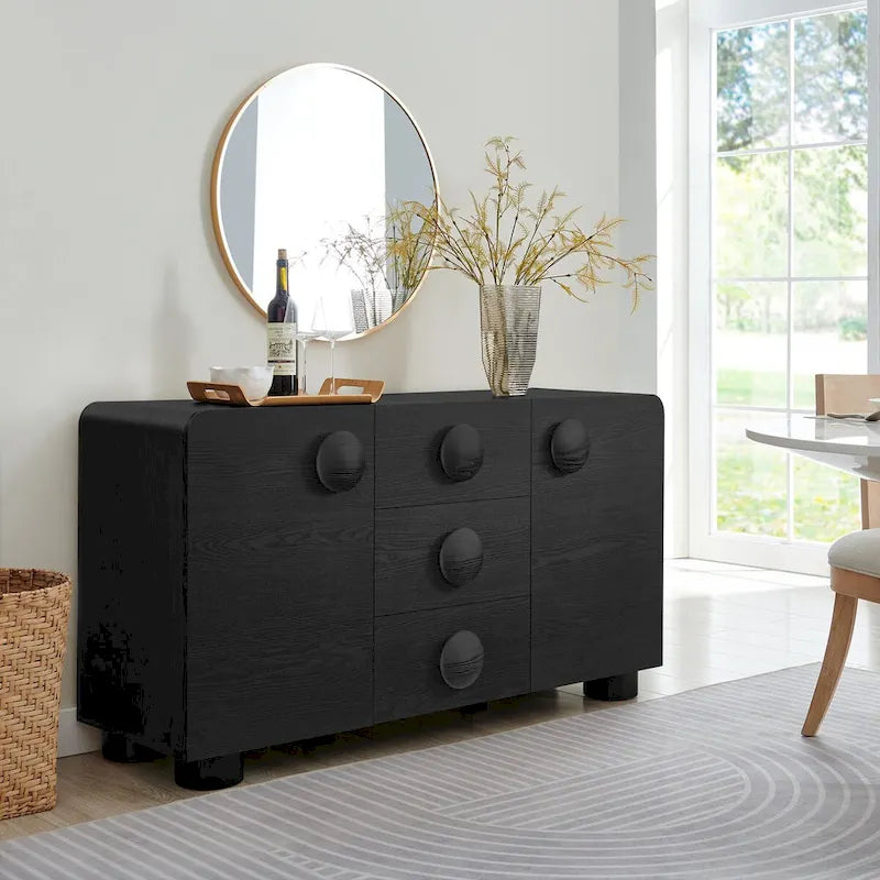 57" Retro Curved Sideboard Storage Cabinet - 3 Drawers - Soft-Close Doors - Adjustable Shelves - TV Stand for 64" TVs