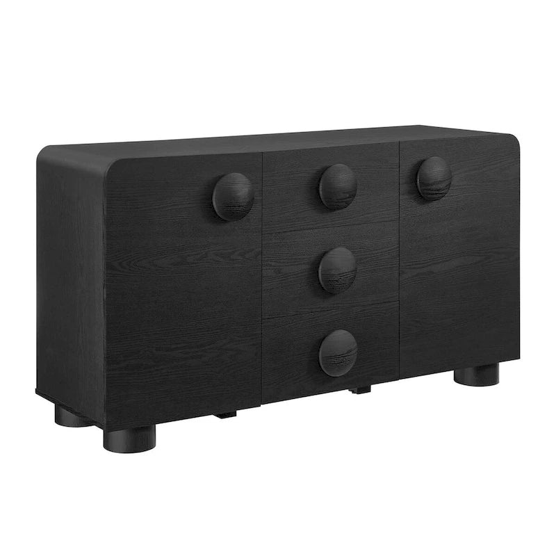 57" Retro Curved Sideboard Storage Cabinet - 3 Drawers - Soft-Close Doors - Adjustable Shelves - TV Stand for 64" TVs