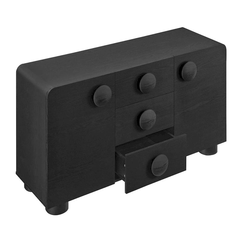 57" Retro Curved Sideboard Storage Cabinet - 3 Drawers - Soft-Close Doors - Adjustable Shelves - TV Stand for 64" TVs